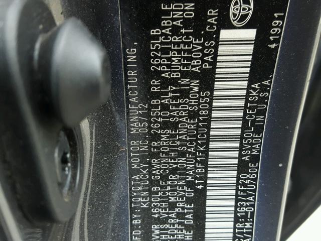 4T1BF1FK1CU118055 - 2012 TOYOTA CAMRY CHARCOAL photo 10