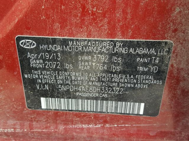 5NPDH4AE8DH332322 - 2013 HYUNDAI ELANTRA GL RED photo 10