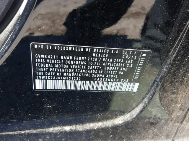 3VW2K7AJ0FM331232 - 2015 VOLKSWAGEN JETTA BASE 黑色 照片 10