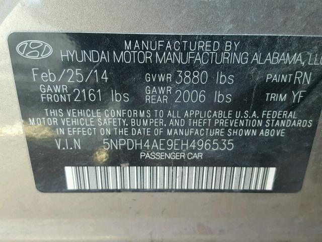 5NPDH4AE9EH496535 - 2014 HYUNDAI ELANTRA SE SILVER photo 10