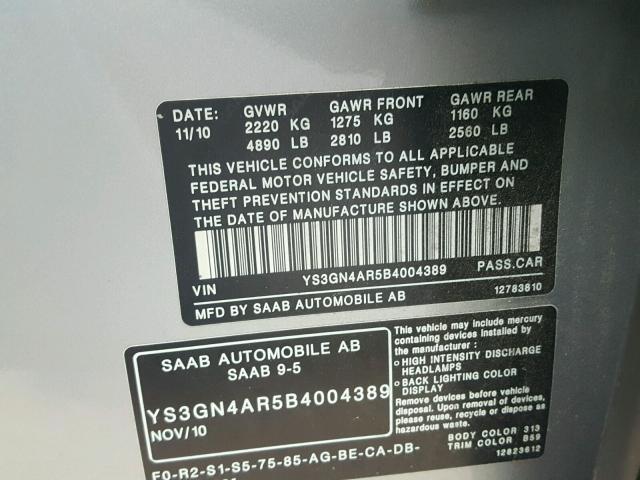 YS3GN4AR5B4004389 - 2011 SAAB 9-5 TURBO BLUE photo 10