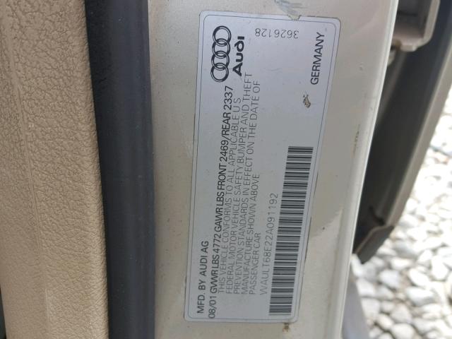 WAULT68E22A091192 - 2002 AUDI A4 3.0 QUA BEIGE photo 10