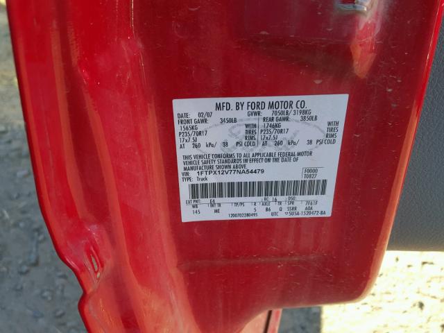 1FTPX12V77NA54479 - 2007 FORD F150 RED photo 10