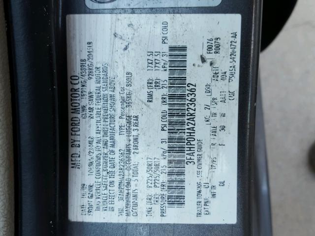 3FAHP0HA2AR236362 - 2010 FORD FUSION CHARCOAL photo 10