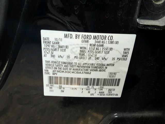 2FMDK3GC4CBA37662 - 2012 FORD EDGE SE BLACK photo 10