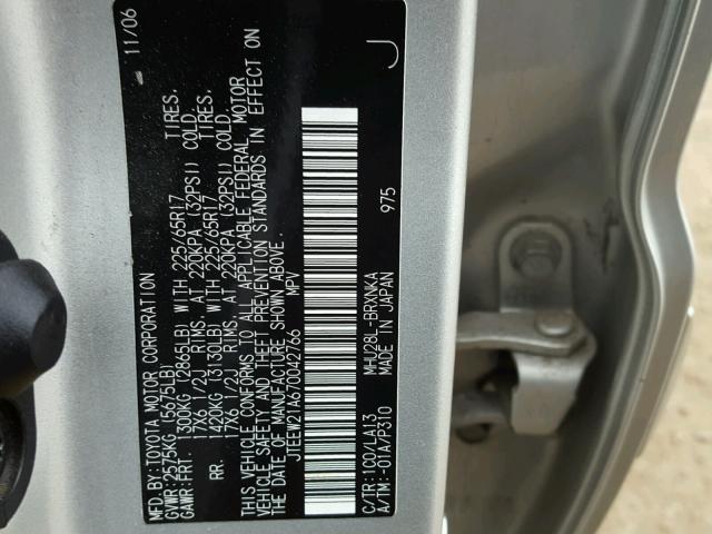 JTEEW21A670042766 - 2007 TOYOTA HIGHLANDER SILVER photo 10