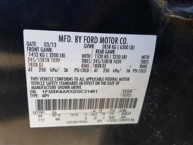 1FM5K8ARXDGC31461 - 2013 FORD EXPLORER P BLACK photo 10