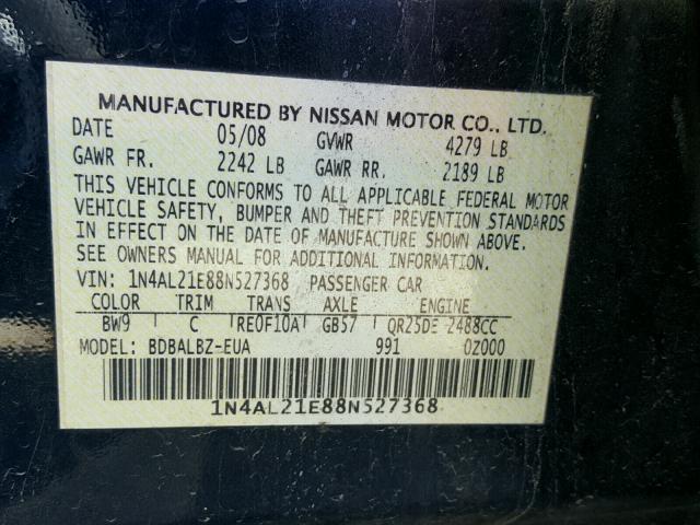 1N4AL21E88N527368 - 2008 NISSAN ALTIMA BLACK photo 10