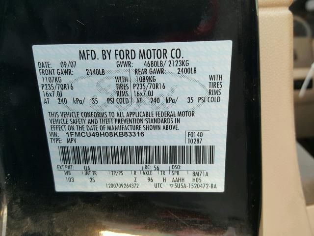 1FMCU49H08KB83316 - 2008 FORD ESCAPE HEV BLACK photo 10