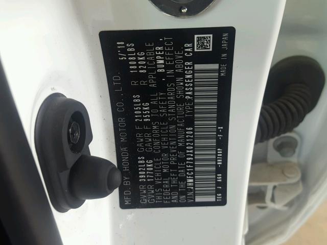 JHMFC1F79JX021206 - 2018 HONDA CIVIC EXL WHITE photo 10