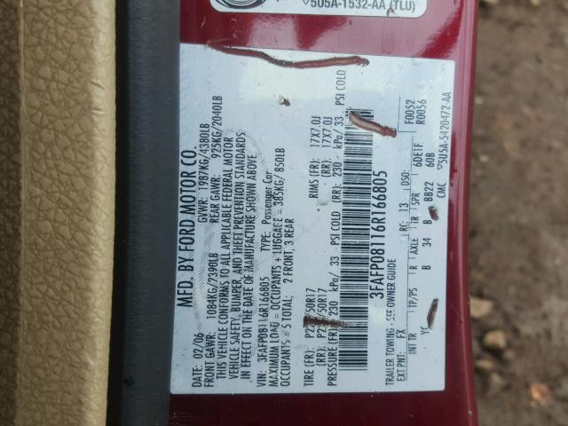 3FAFP08116R166805 - 2006 FORD FUSION SEL MAROON photo 10