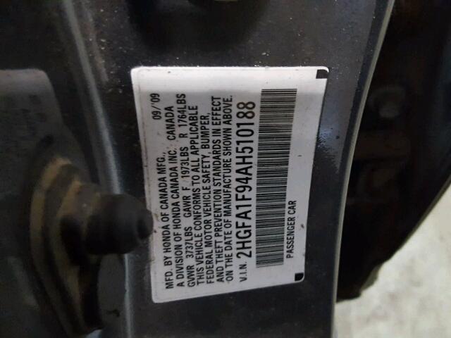 2HGFA1F94AH510188 - 2010 HONDA CIVIC EXL 灰色 照片 10