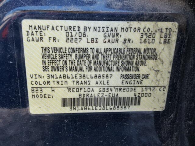 3N1AB61E38L688587 - 2008 NISSAN SENTRA 2.0 BLUE photo 10