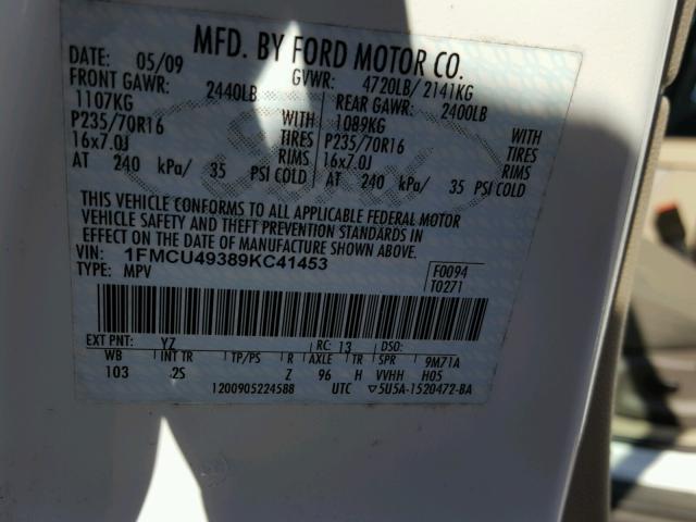 1FMCU49389KC41453 - 2009 FORD ESCAPE HYB WHITE photo 10