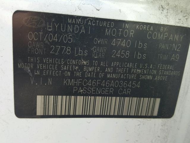 KMHFC46F46A036454 - 2006 HYUNDAI AZERA SE WHITE photo 10