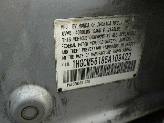 1HGCM56185A109422 - 2005 HONDA ACCORD DX SILVER photo 10