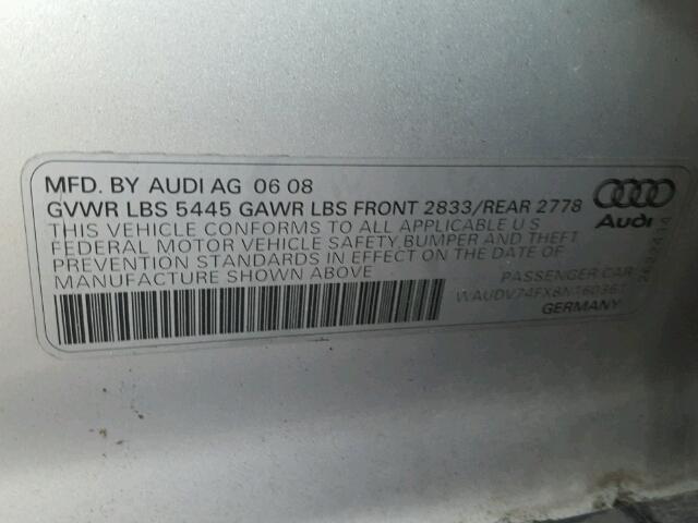 WAUDV74FX8N160361 - 2008 AUDI A6 4.2 QUA SILVER photo 10