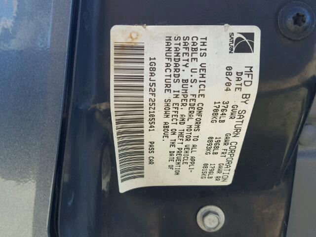 1G8AJ52F25Z105541 - 2005 SATURN ION LEVEL GRAY photo 10