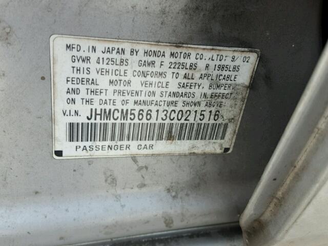 JHMCM56613C021516 - 2003 HONDA ACCORD EX SILVER photo 10