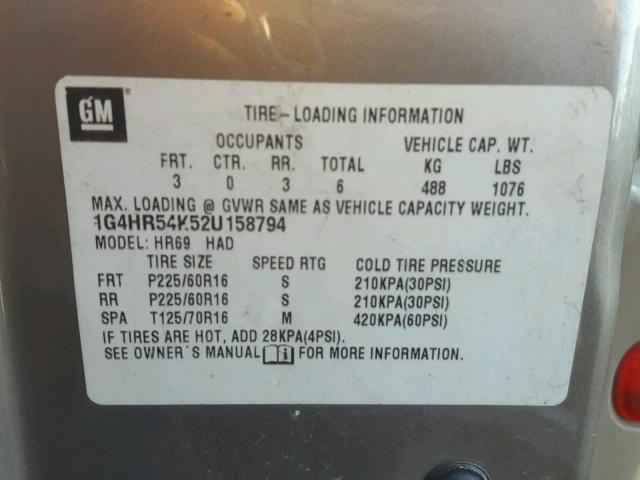 1G4HR54K52U158794 - 2002 BUICK LESABRE LI TAN photo 10