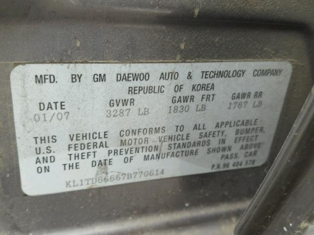 KL1TD66667B770614 - 2007 CHEVROLET AVEO BASE 灰色 照片 10