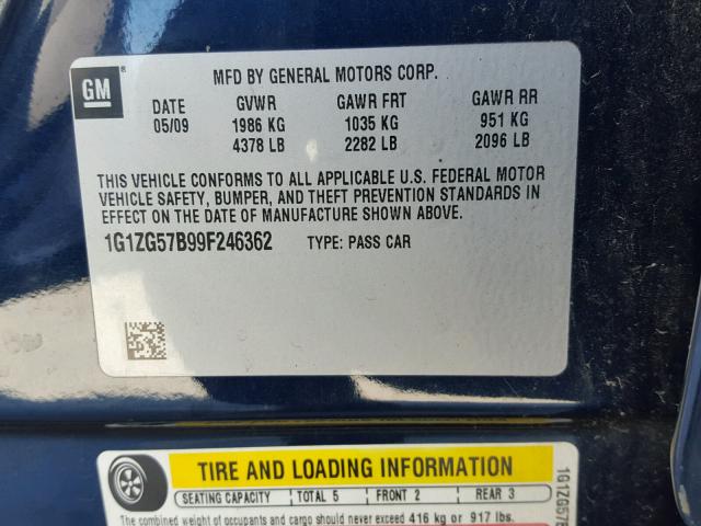 1G1ZG57B99F246362 - 2009 CHEVROLET MALIBU LS Mavi foto 10