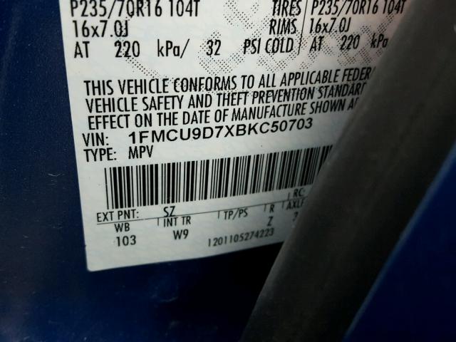 1FMCU9D7XBKC50703 - 2011 FORD ESCAPE BLUE photo 10