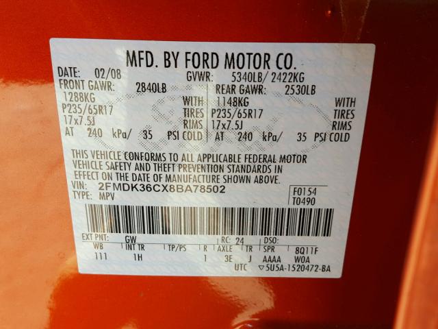 2FMDK36CX8BA78502 - 2008 FORD EDGE SE ORANGE photo 10