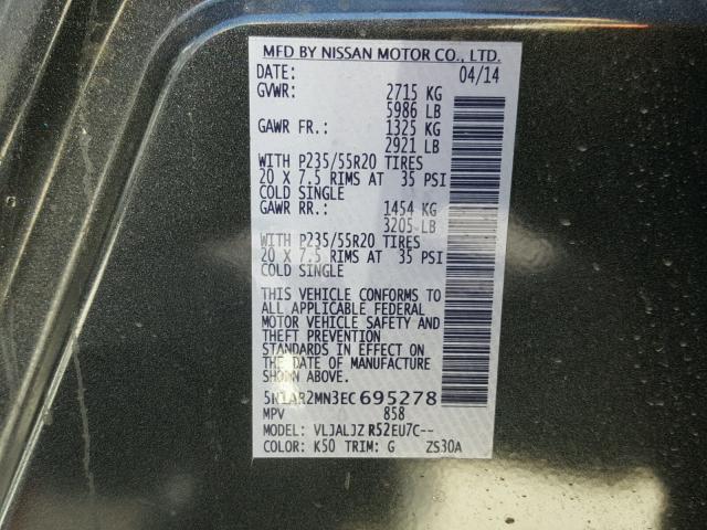 5N1AR2MN3EC695278 - 2014 NISSAN PATHFINDER GRAY photo 10