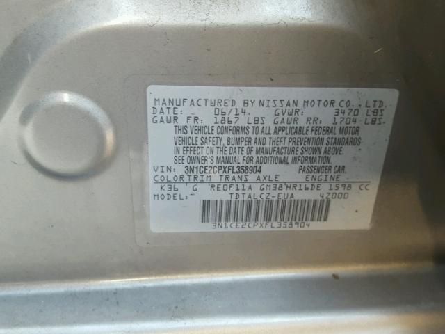 3N1CE2CPXFL358904 - 2015 NISSAN VERSA NOTE SILVER photo 10