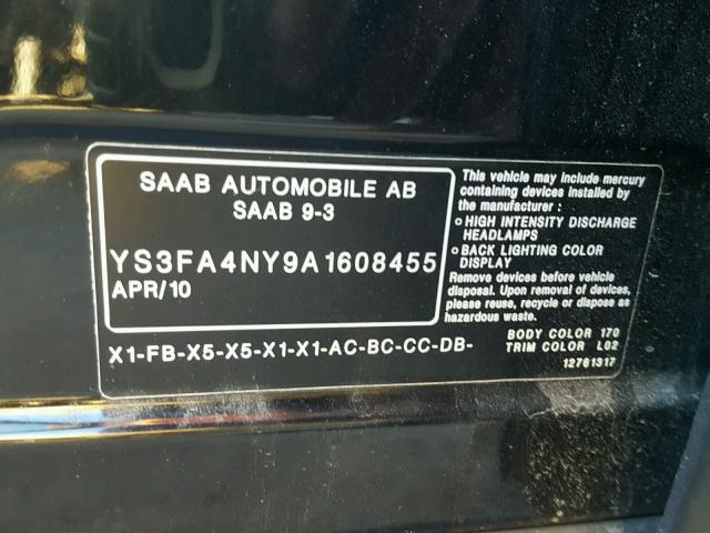 YS3FA4NY9A1608455 - 2010 SAAB 9-3 2.0T BLACK photo 10