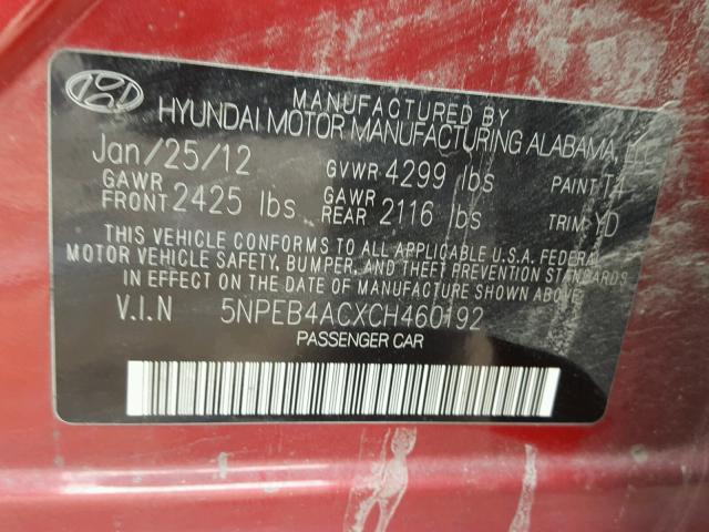 5NPEB4ACXCH460192 - 2012 HYUNDAI SONATA GLS RED photo 10