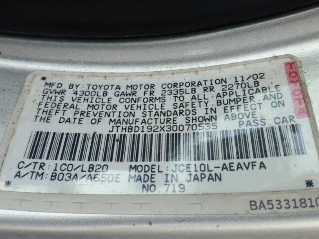 JTHBD192X30070535 - 2003 LEXUS IS 300 SILVER photo 10