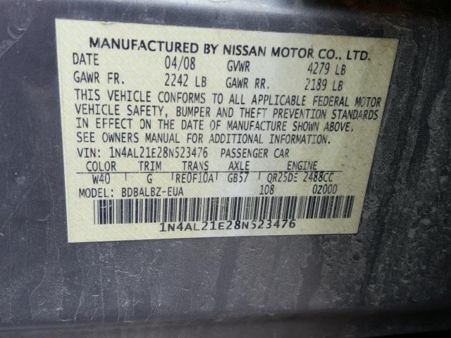 1N4AL21E28N523476 - 2008 NISSAN ALTIMA 2.5 GRAY photo 10