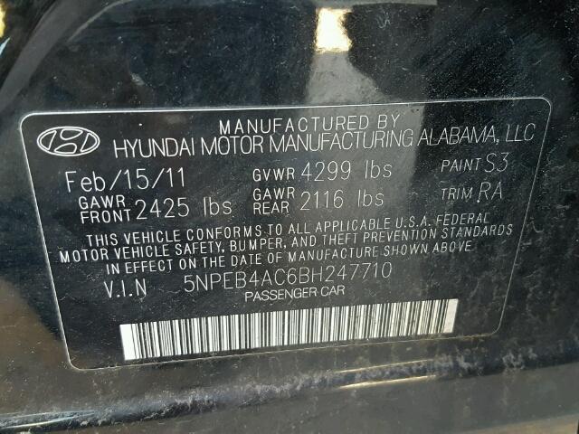 5NPEB4AC6BH247710 - 2011 HYUNDAI SONATA GLS BLACK photo 10