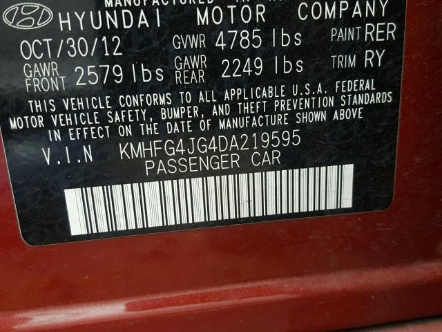 KMHFG4JG4DA219595 - 2013 HYUNDAI AZERA BURGUNDY photo 10