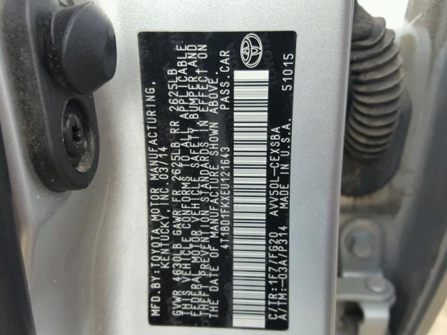 4T1BD1FKXEU121643 - 2014 TOYOTA CAMRY HYBR SILVER photo 10