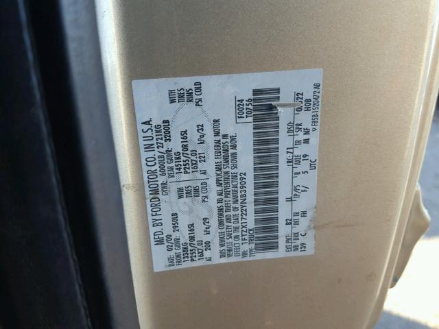 1FTZX1722YNB39092 - 2000 FORD F150 TAN photo 10