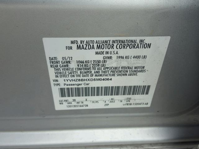 1YVHZ8BHXD5M04064 - 2013 MAZDA 6 SPORT SILVER photo 10