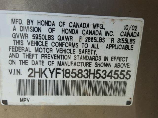 2HKYF18583H534555 - 2003 HONDA PILOT GOLD photo 10