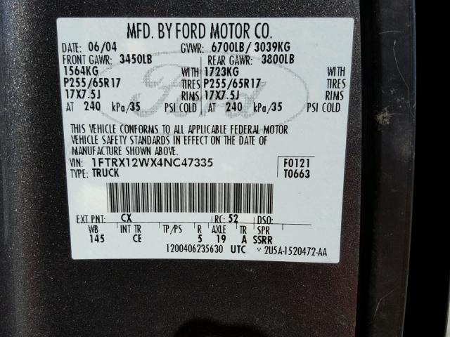 1FTRX12WX4NC47335 - 2004 FORD F150 GRAY photo 10