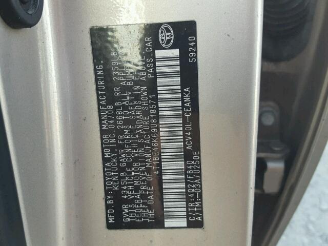 4T1BE46K69U818571 - 2009 TOYOTA CAMRY BASE GOLD photo 10