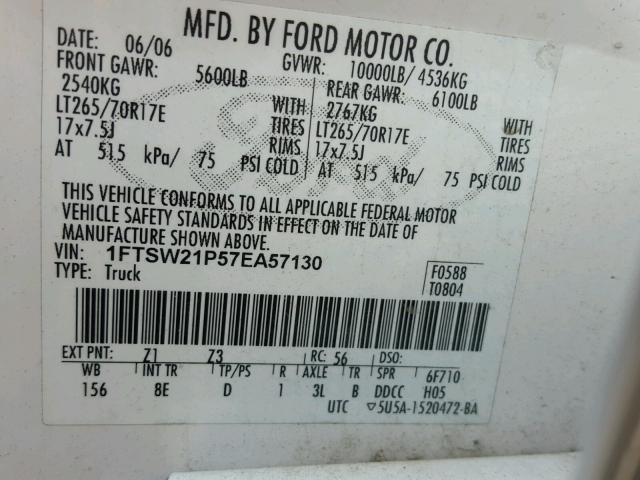 1FTSW21P57EA57130 - 2007 FORD F250 SUPER WHITE photo 10