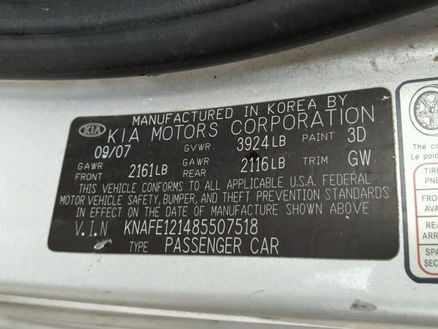 KNAFE121485507518 - 2008 KIA SPECTRA EX SILVER photo 10