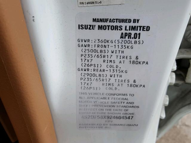 4S2DF58X924604547 - 2002 ISUZU AXIOM XS Ağ foto 10