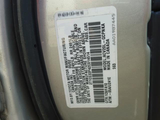 2T1CE22P42C014514 - 2002 TOYOTA CAMRY SOLA SILVER photo 10