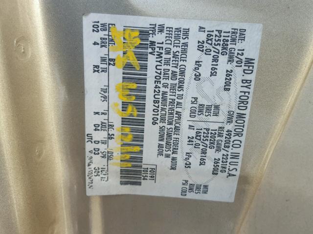 1FMYU70E42UB70106 - 2002 FORD EXPLORER S BEIGE photo 10