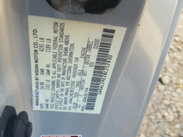 1N4AL24E28C252930 - 2008 NISSAN ALTIMA 2.5 SILVER photo 10