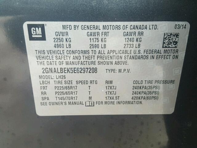 2GNALBEK5E6297208 - 2014 CHEVROLET EQUINOX LT GRAY photo 10