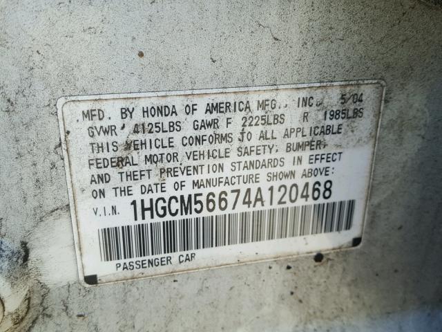 1HGCM56674A120468 - 2004 HONDA ACCORD WHITE photo 10